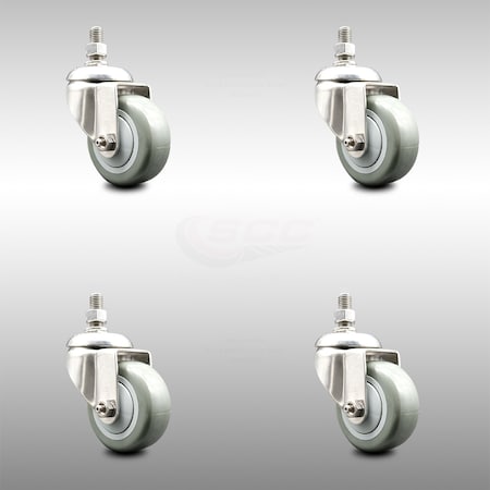 Service Caster 3.5 Inch 316SS Gray Polyurethane Wheel Swivel 12mm Threaded Stem Caster Set SCC-SS316TS20S3514-PPUB-M1215-4